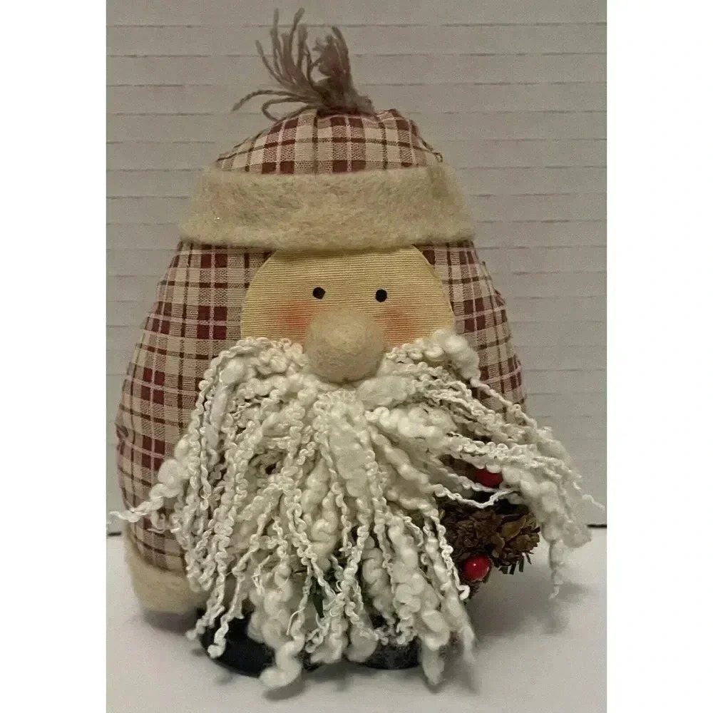 Rustic Red Plaid Santa Claus Plush Heart Footed with Pinecones Shelf Decor 5”H